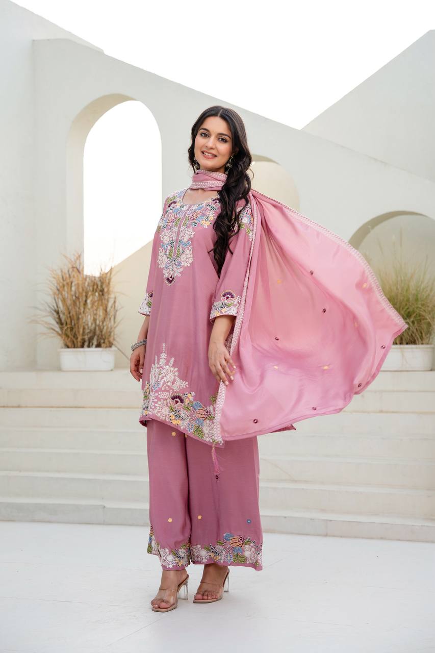 Pink Chinon Embroidery Work With Zardosi Hand Work Kurti Set