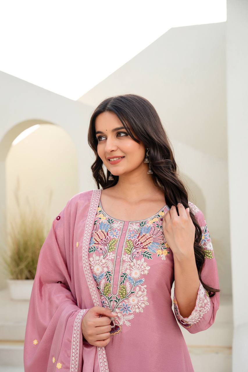 Pink Chinon Embroidery Work With Zardosi Hand Work Kurti Set