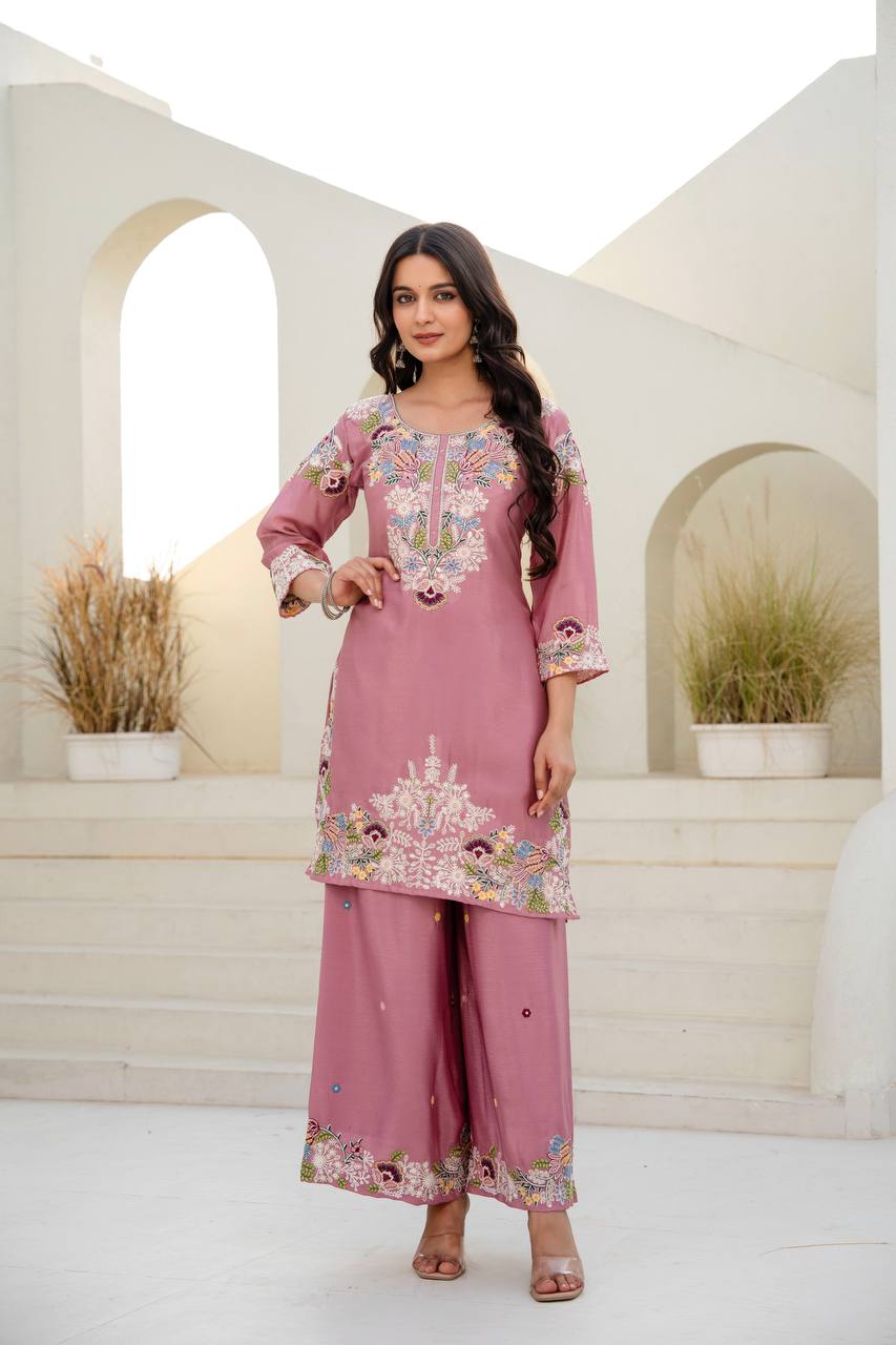 Pink Chinon Embroidery Work With Zardosi Hand Work Kurti Set