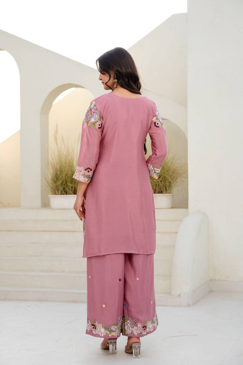 Pink Chinon Embroidery Work With Zardosi Hand Work Kurti Set