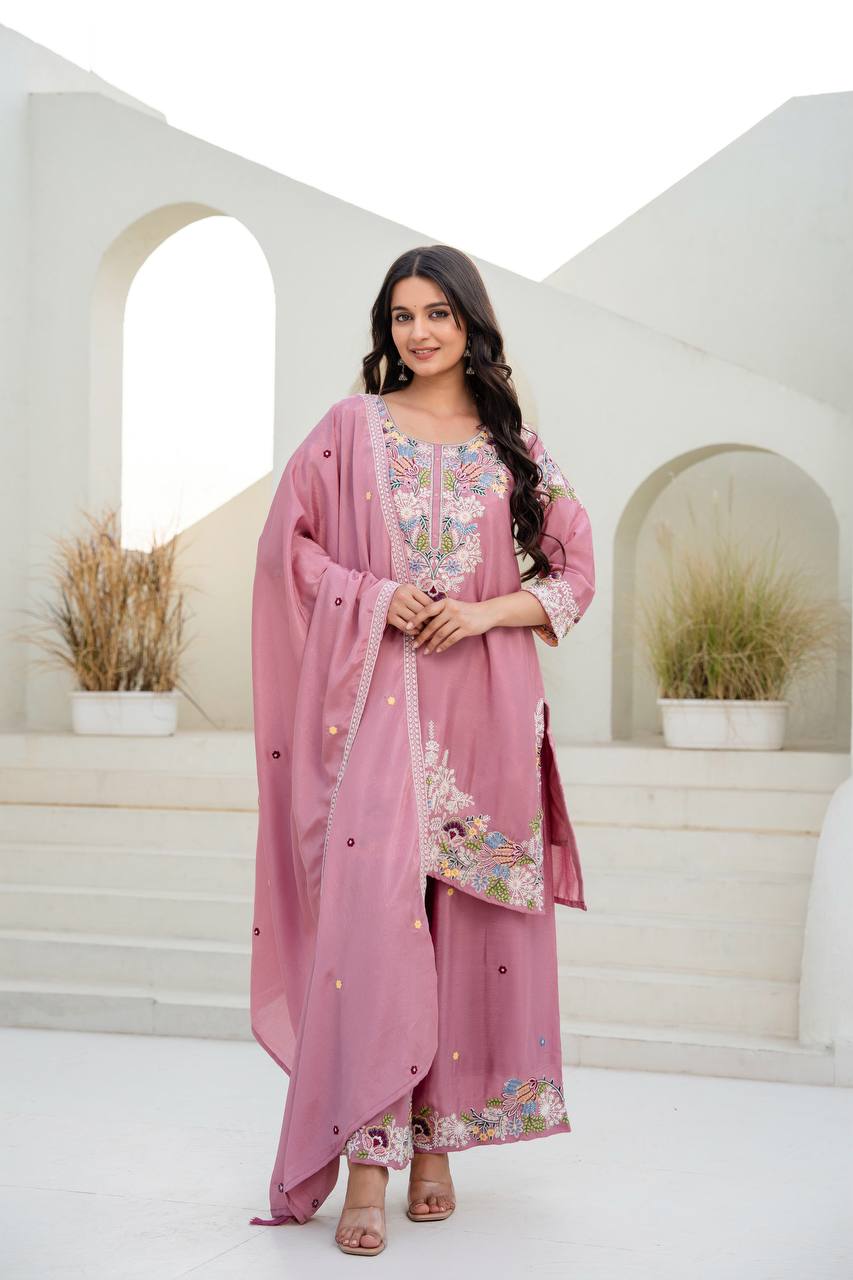 Pink Chinon Embroidery Work With Zardosi Hand Work Kurti Set