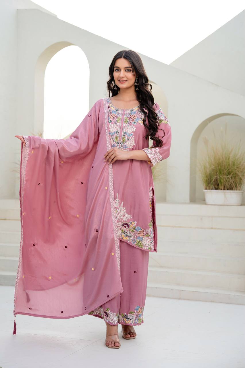 Pink Chinon Embroidery Work With Zardosi Hand Work Kurti Set