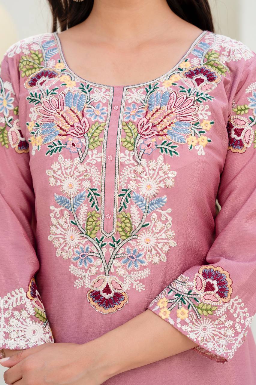 Pink Chinon Embroidery Work With Zardosi Hand Work Kurti Set