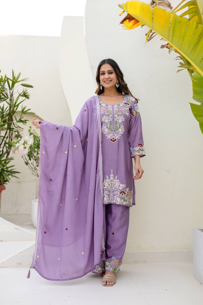 Pink Chinon Embroidery Work With Zardosi Hand Work Kurti Set