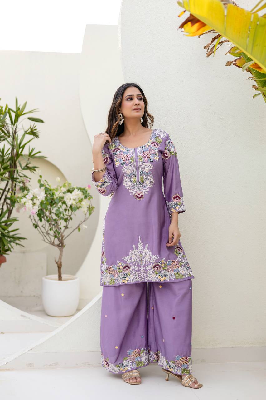 Pink Chinon Embroidery Work With Zardosi Hand Work Kurti Set