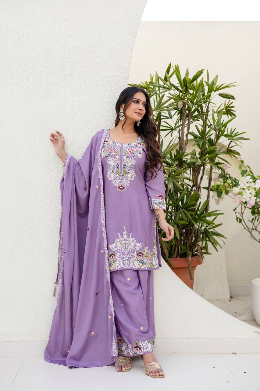 Pink Chinon Embroidery Work With Zardosi Hand Work Kurti Set