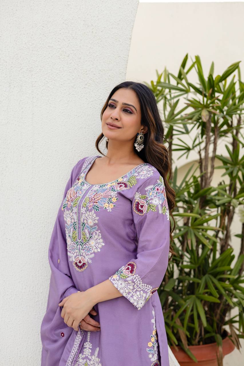 Pink Chinon Embroidery Work With Zardosi Hand Work Kurti Set