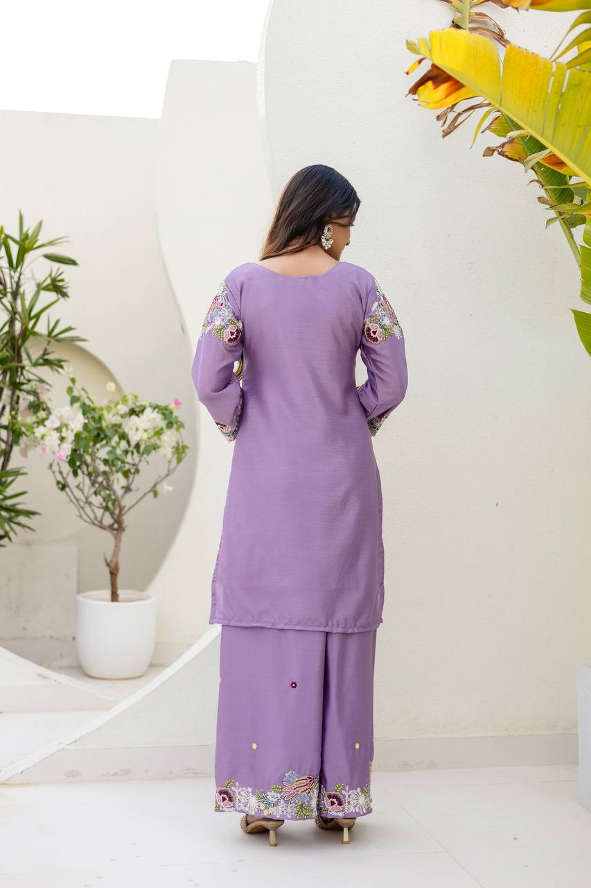 Pink Chinon Embroidery Work With Zardosi Hand Work Kurti Set