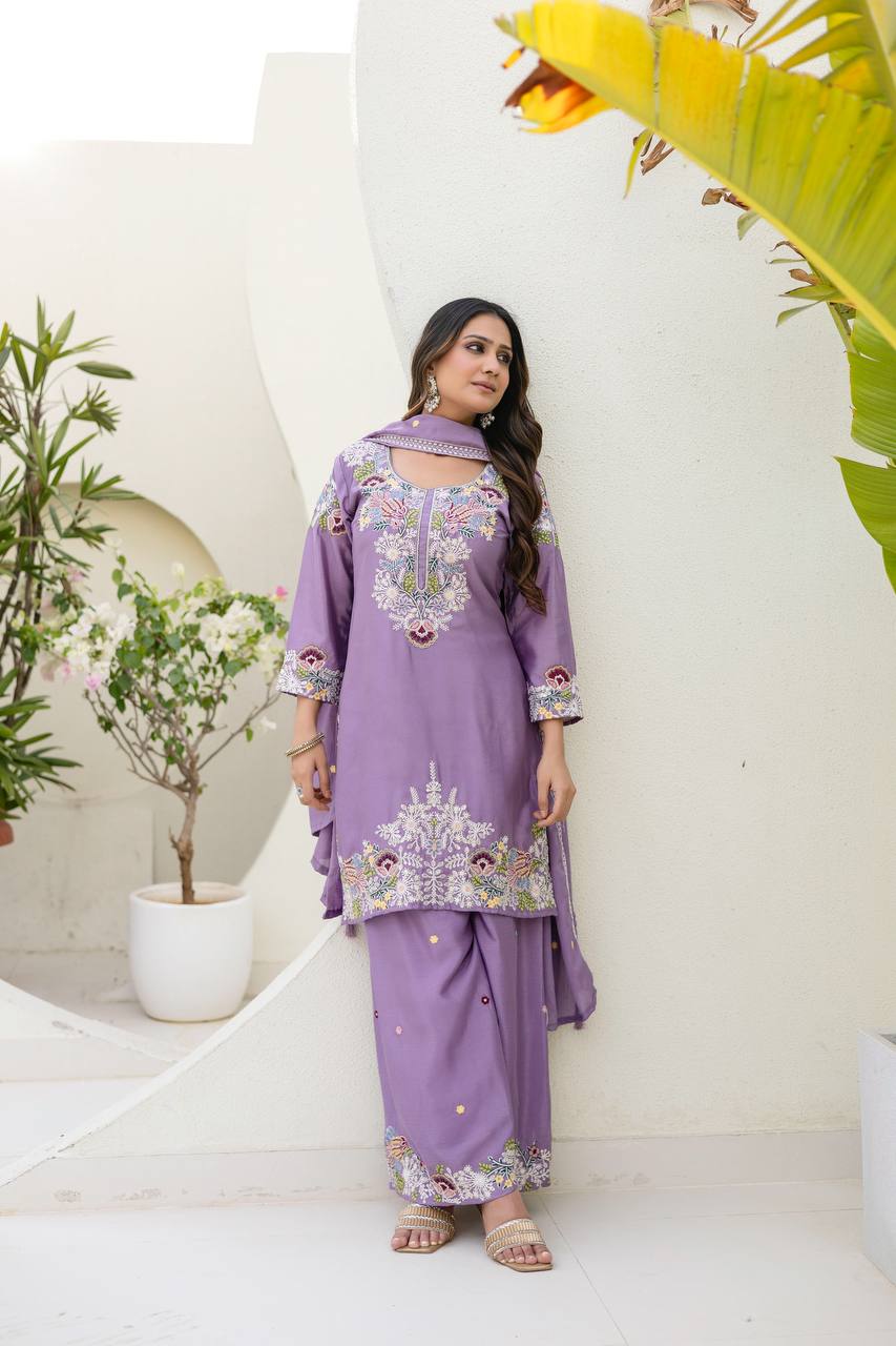 Pink Chinon Embroidery Work With Zardosi Hand Work Kurti Set