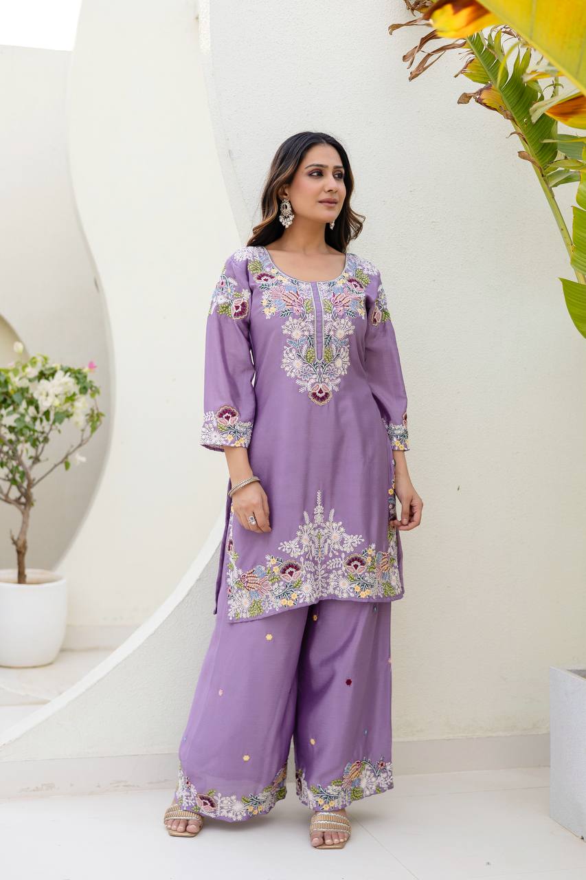 Pink Chinon Embroidery Work With Zardosi Hand Work Kurti Set