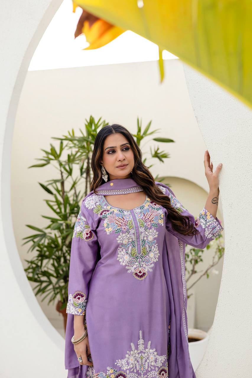Pink Chinon Embroidery Work With Zardosi Hand Work Kurti Set