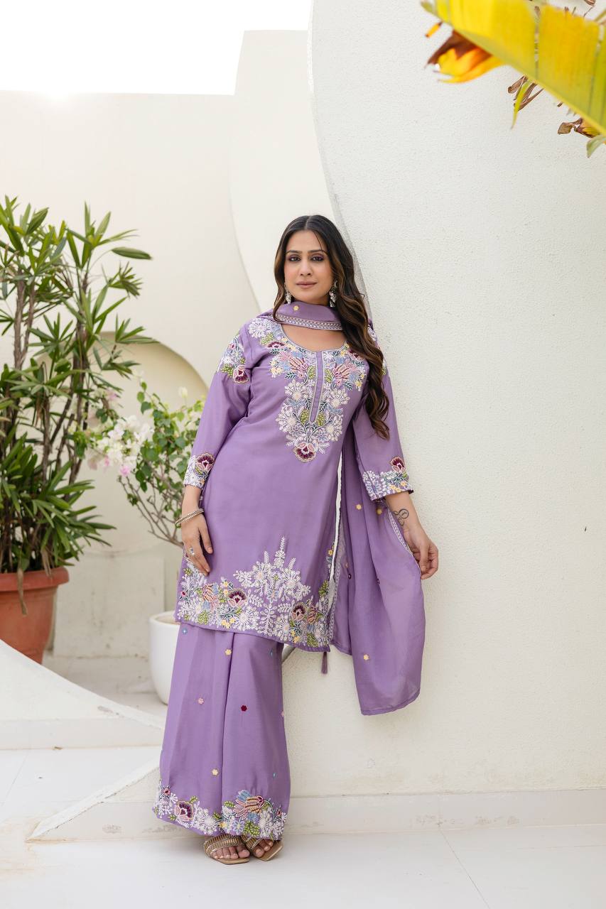 Pink Chinon Embroidery Work With Zardosi Hand Work Kurti Set