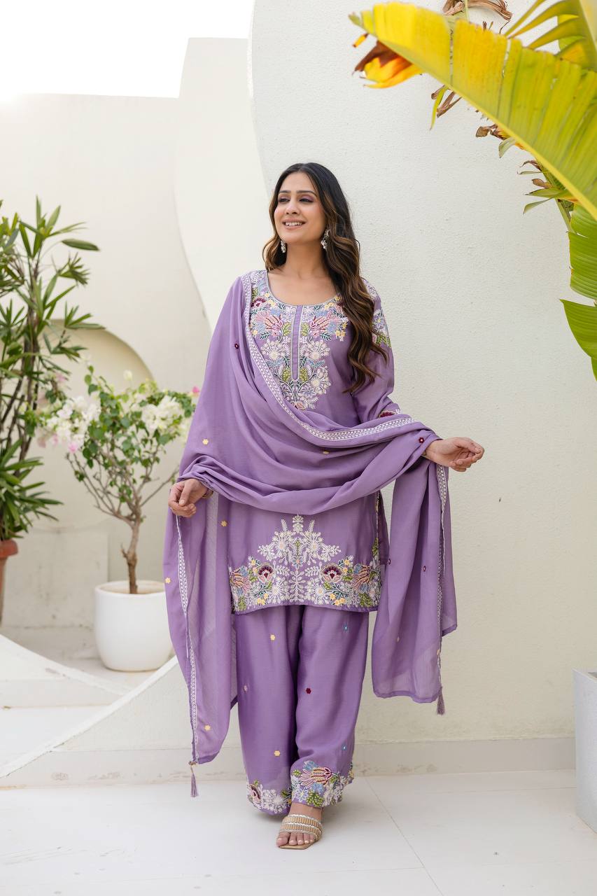 Pink Chinon Embroidery Work With Zardosi Hand Work Kurti Set