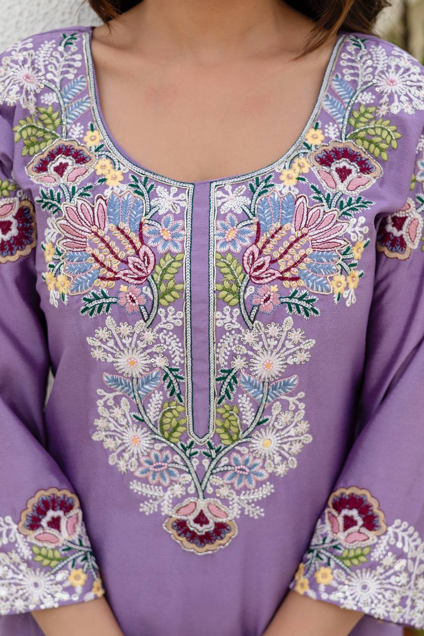 Pink Chinon Embroidery Work With Zardosi Hand Work Kurti Set