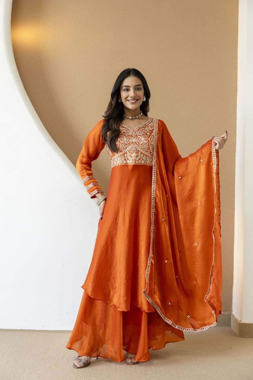 Orange Fandy Silk With Heavy Embroidery Codding And Sequence Work Kurti Set