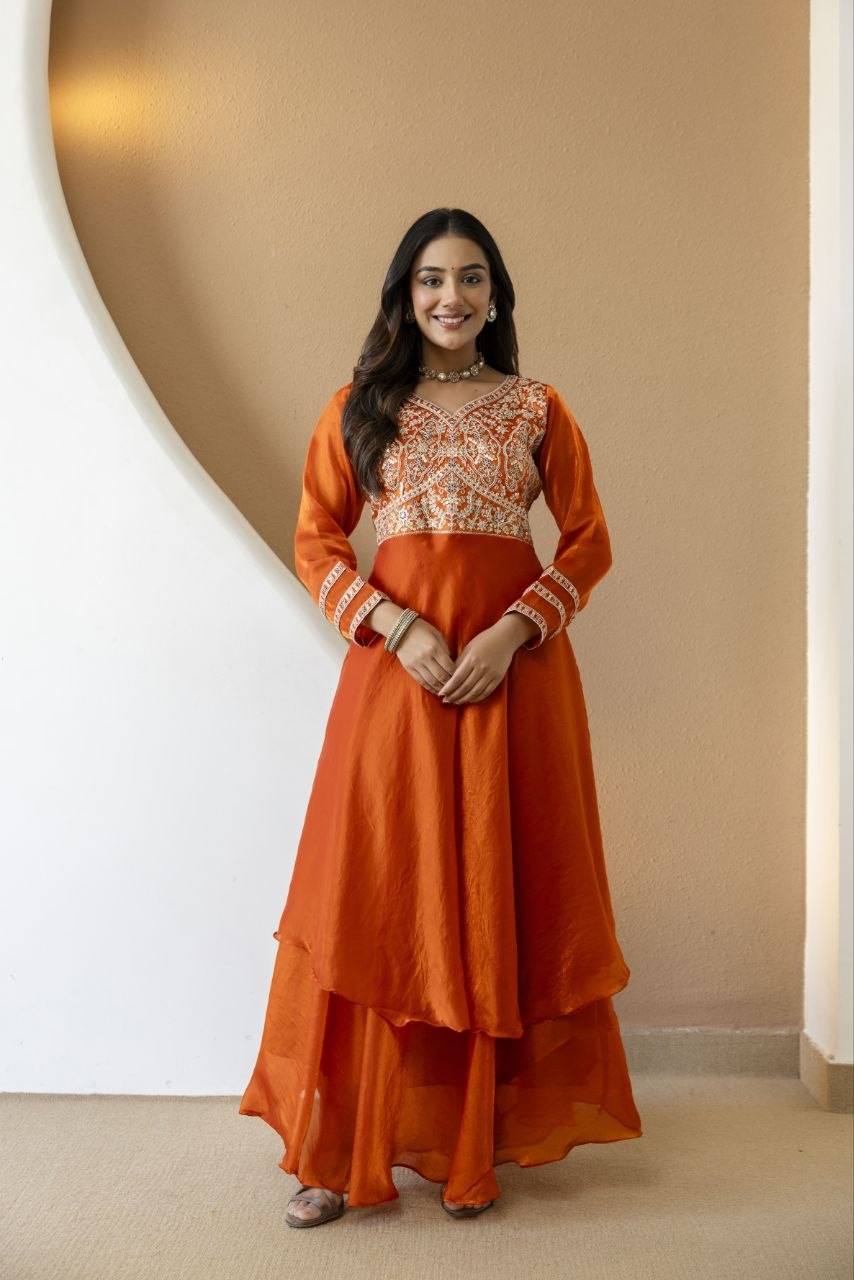 Orange Fandy Silk With Heavy Embroidery Codding And Sequence Work Kurti Set