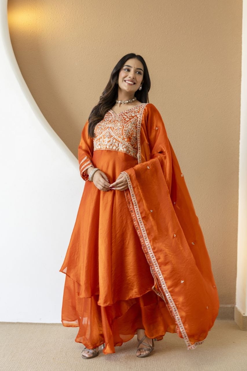 Orange Fandy Silk With Heavy Embroidery Codding And Sequence Work Kurti Set