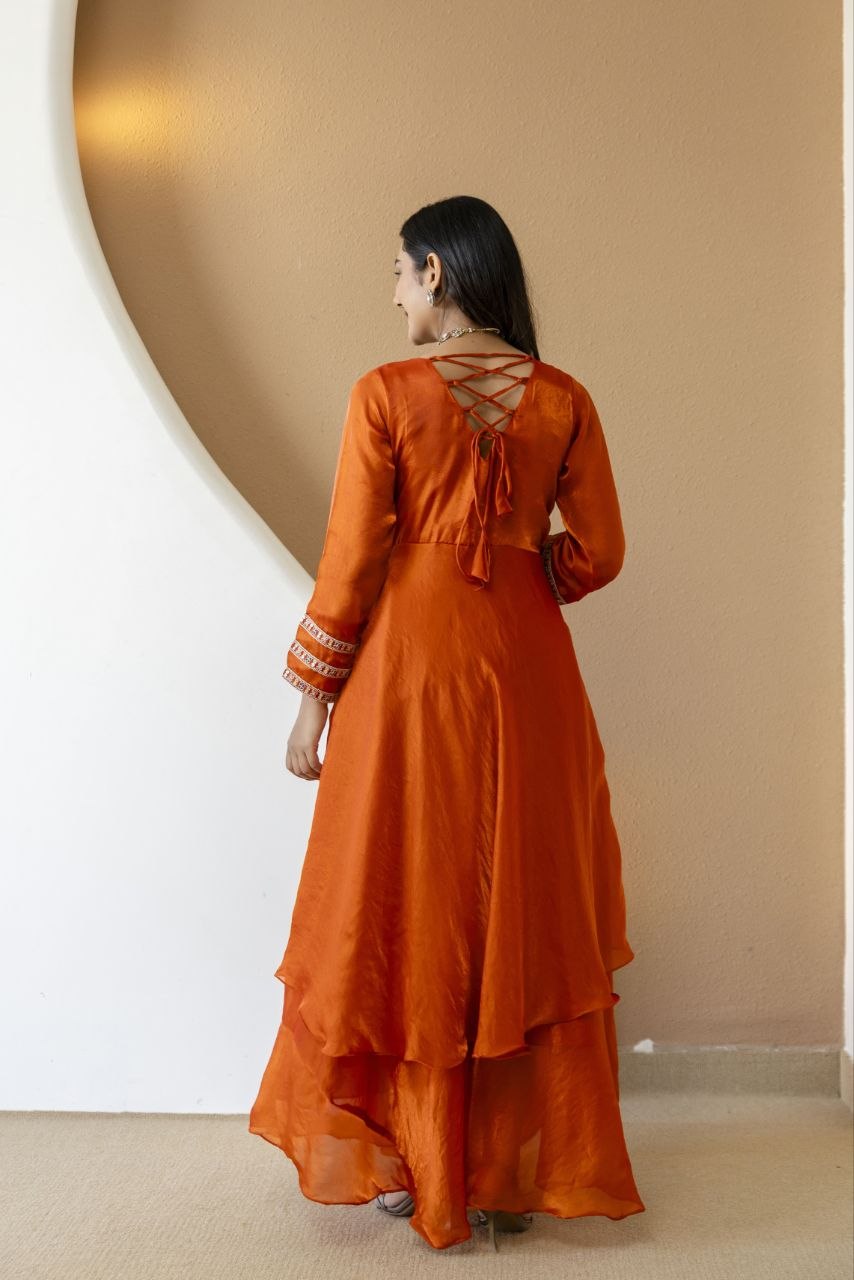 Orange Fandy Silk With Heavy Embroidery Codding And Sequence Work Kurti Set