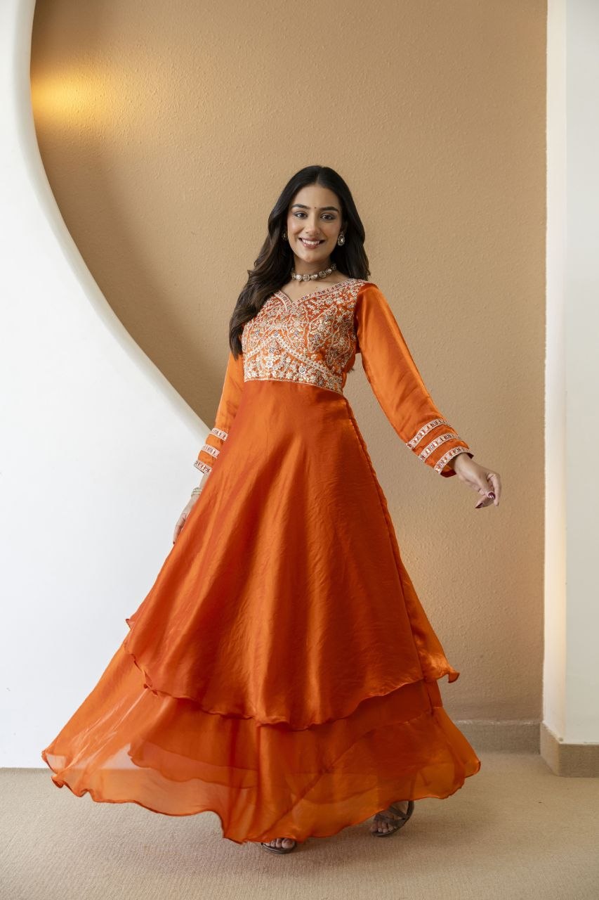 Orange Fandy Silk With Heavy Embroidery Codding And Sequence Work Kurti Set