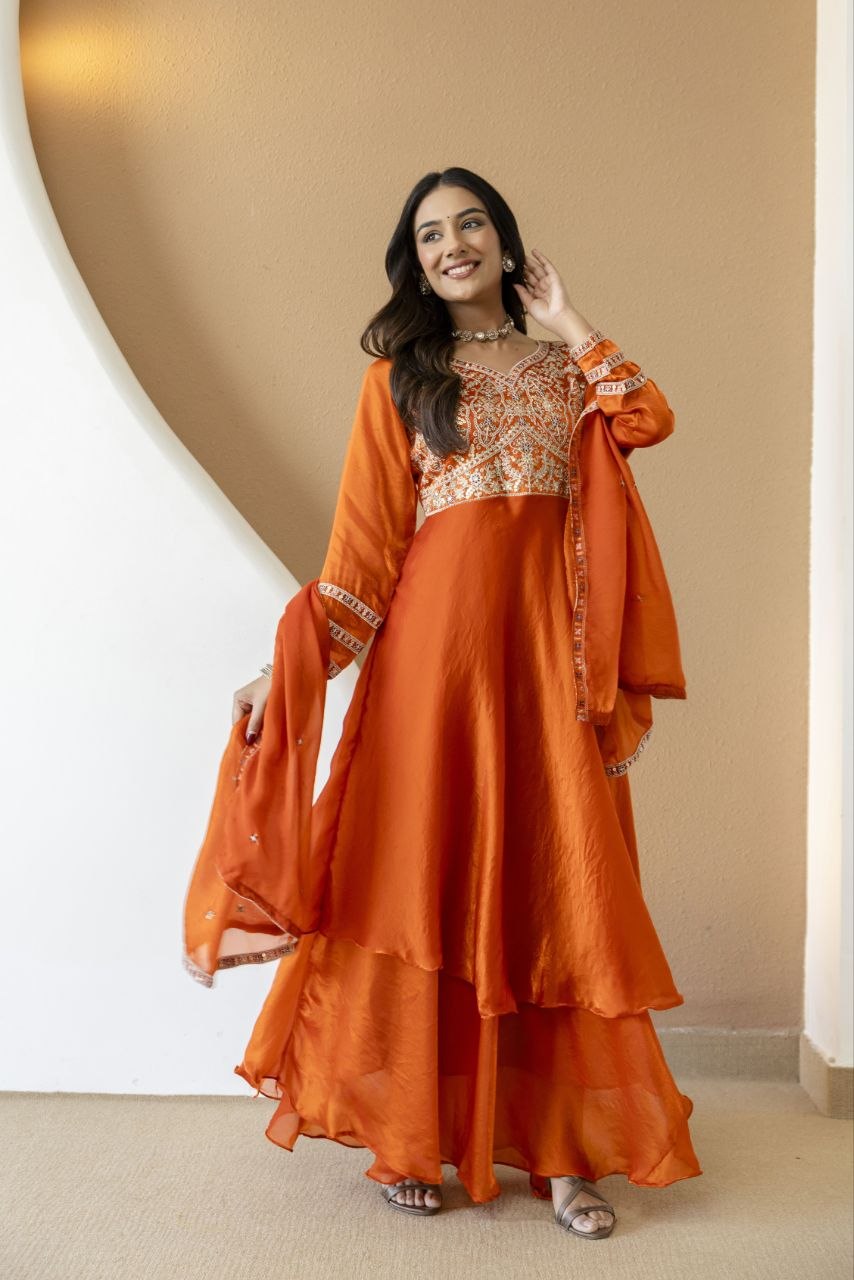 Orange Fandy Silk With Heavy Embroidery Codding And Sequence Work Kurti Set