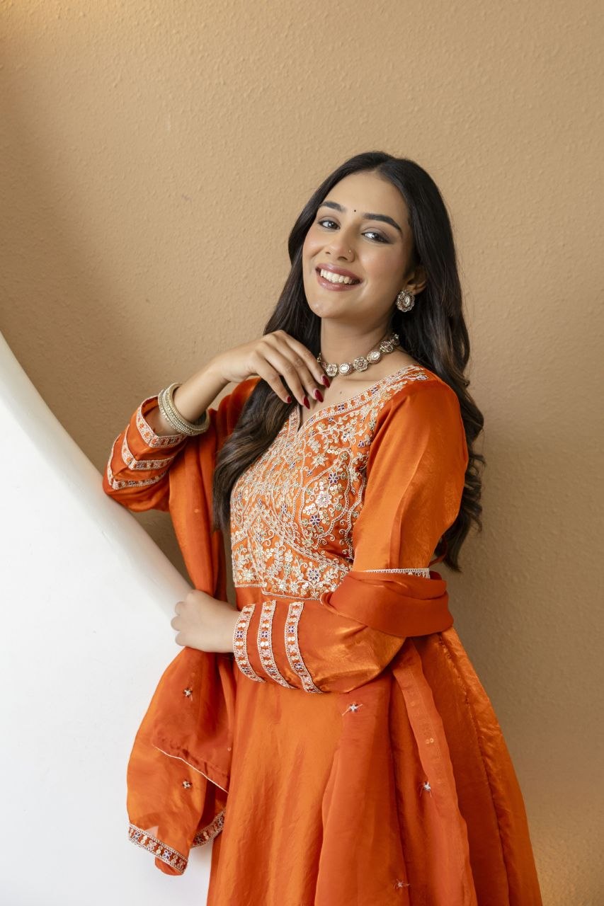 Orange Fandy Silk With Heavy Embroidery Codding And Sequence Work Kurti Set