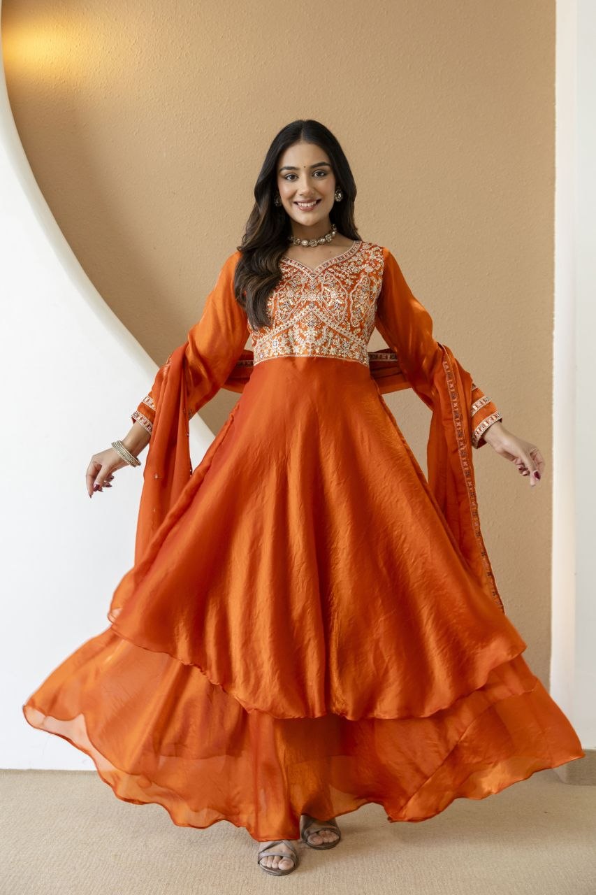 Orange Fandy Silk With Heavy Embroidery Codding And Sequence Work Kurti Set