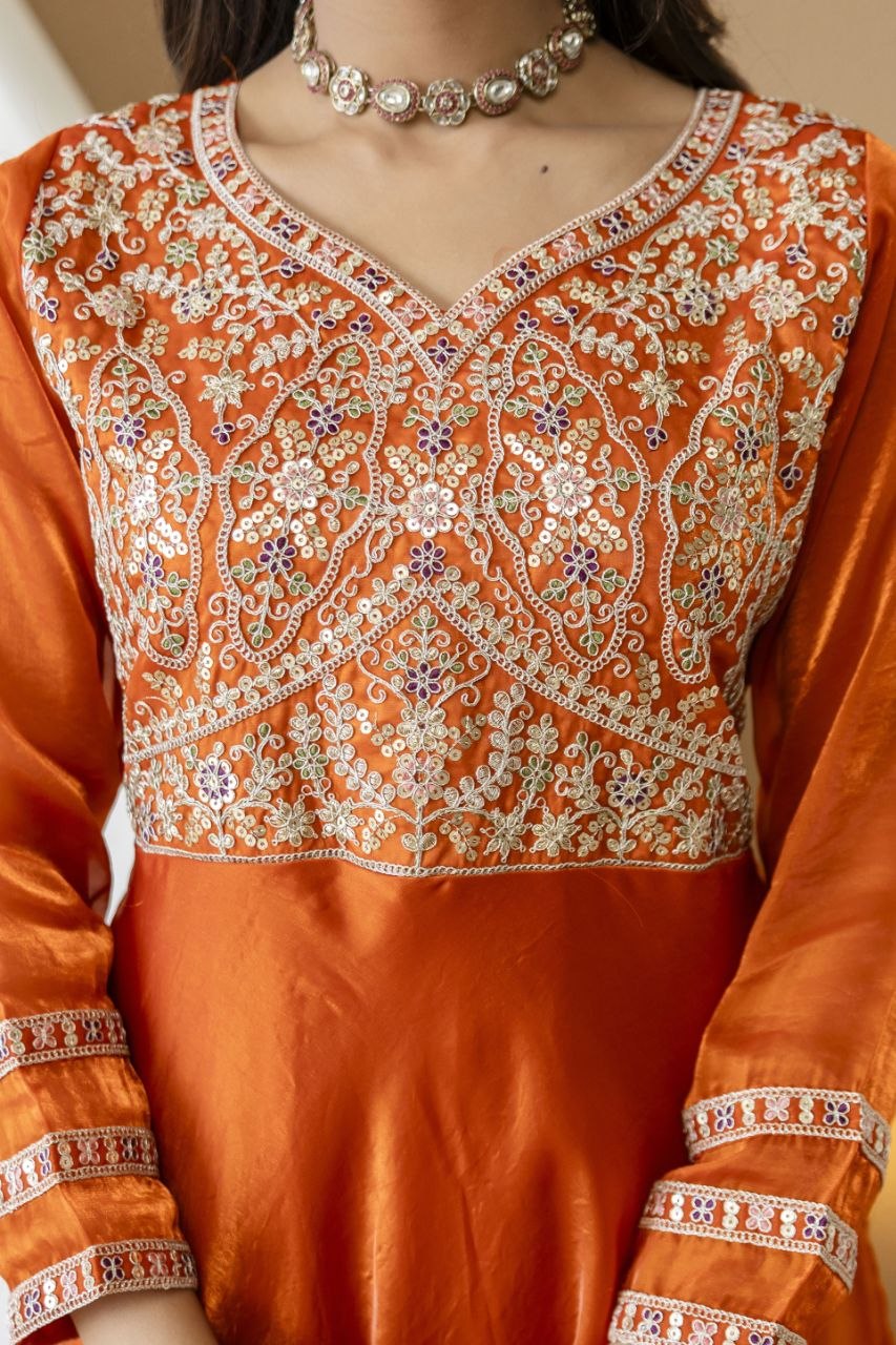 Orange Fandy Silk With Heavy Embroidery Codding And Sequence Work Kurti Set