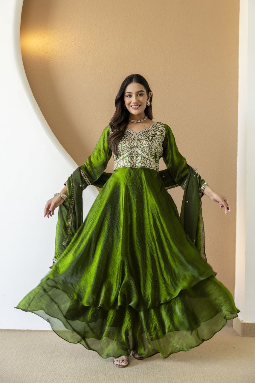 Mehandi Green Fandy Silk With Heavy Embroidery Codding And Sequence Work Kurti Set