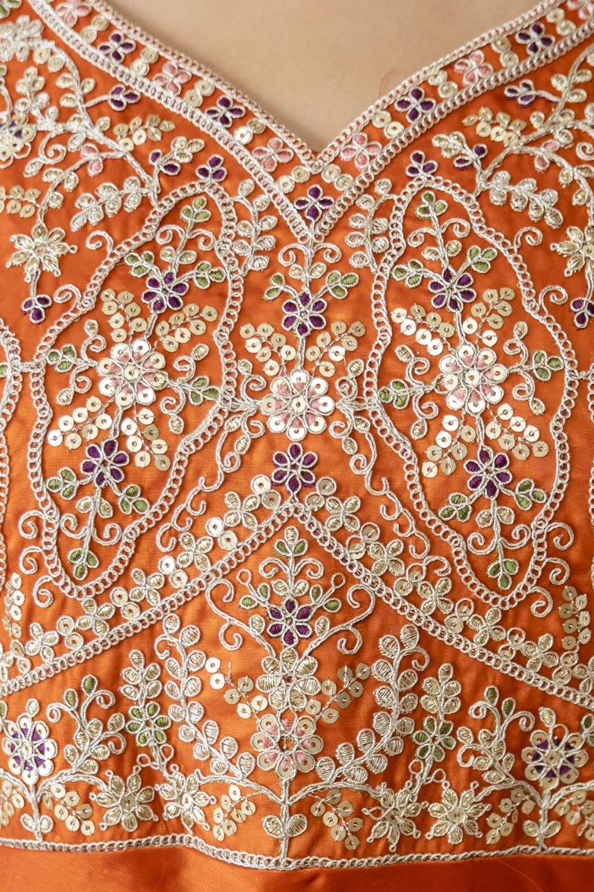 Orange Fandy Silk With Heavy Embroidery Codding And Sequence Work Kurti Set