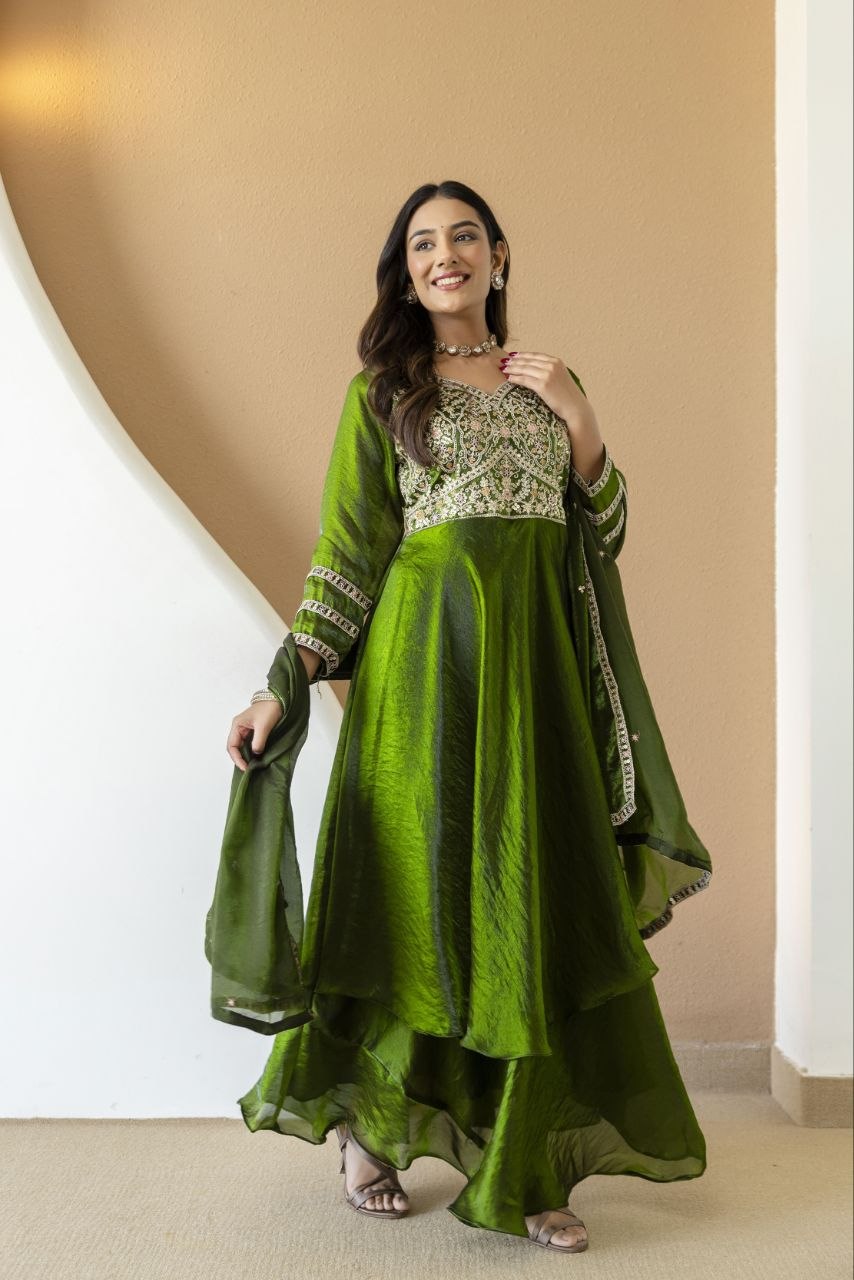 Mehandi Green Fandy Silk With Heavy Embroidery Codding And Sequence Work Kurti Set