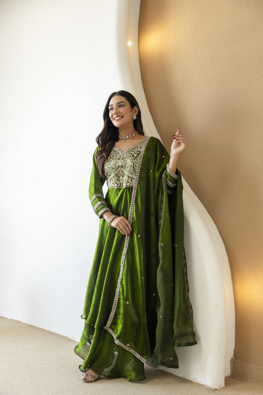 Mehandi Green Fandy Silk With Heavy Embroidery Codding And Sequence Work Kurti Set