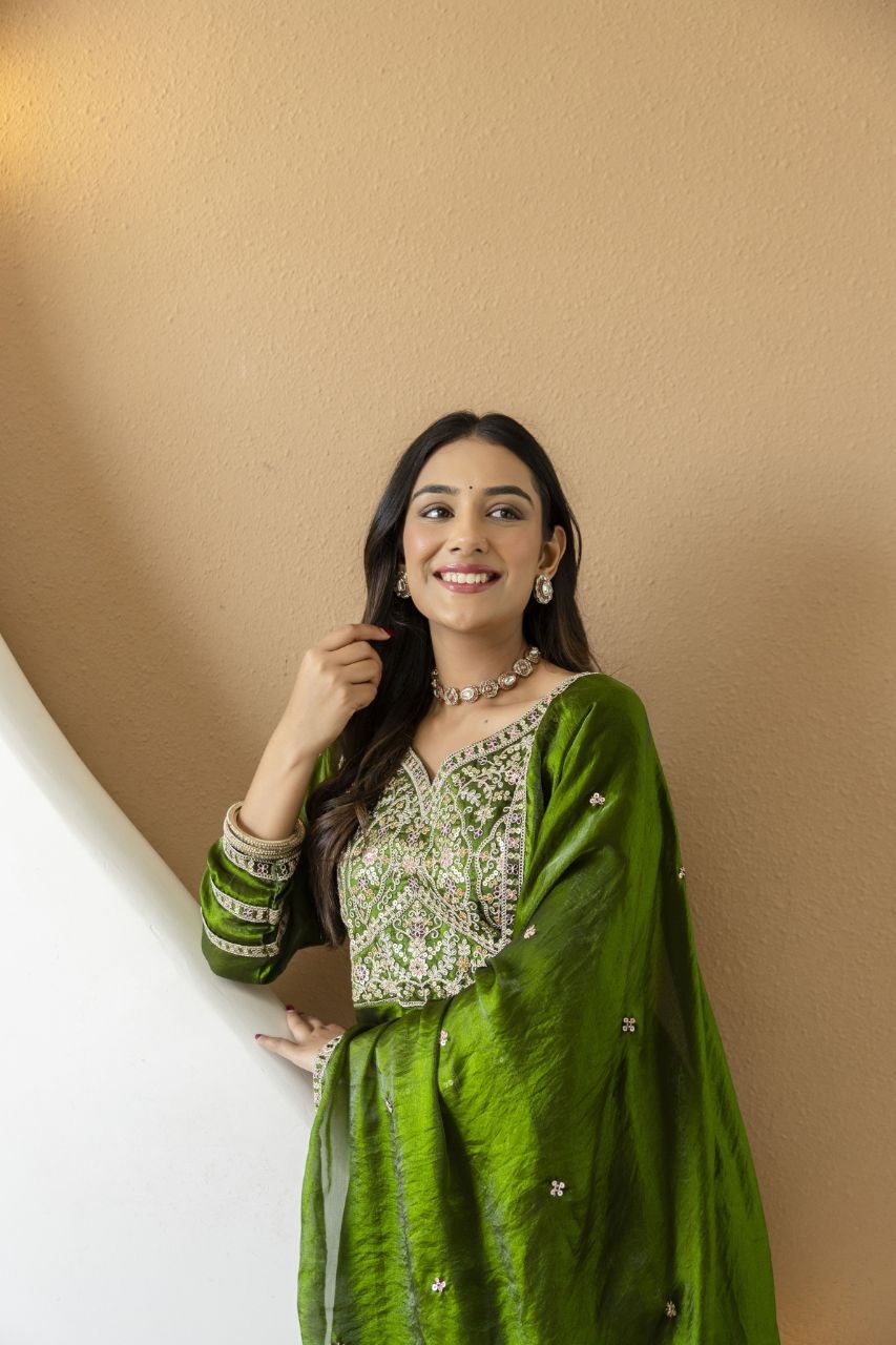 Mehandi Green Fandy Silk With Heavy Embroidery Codding And Sequence Work Kurti Set