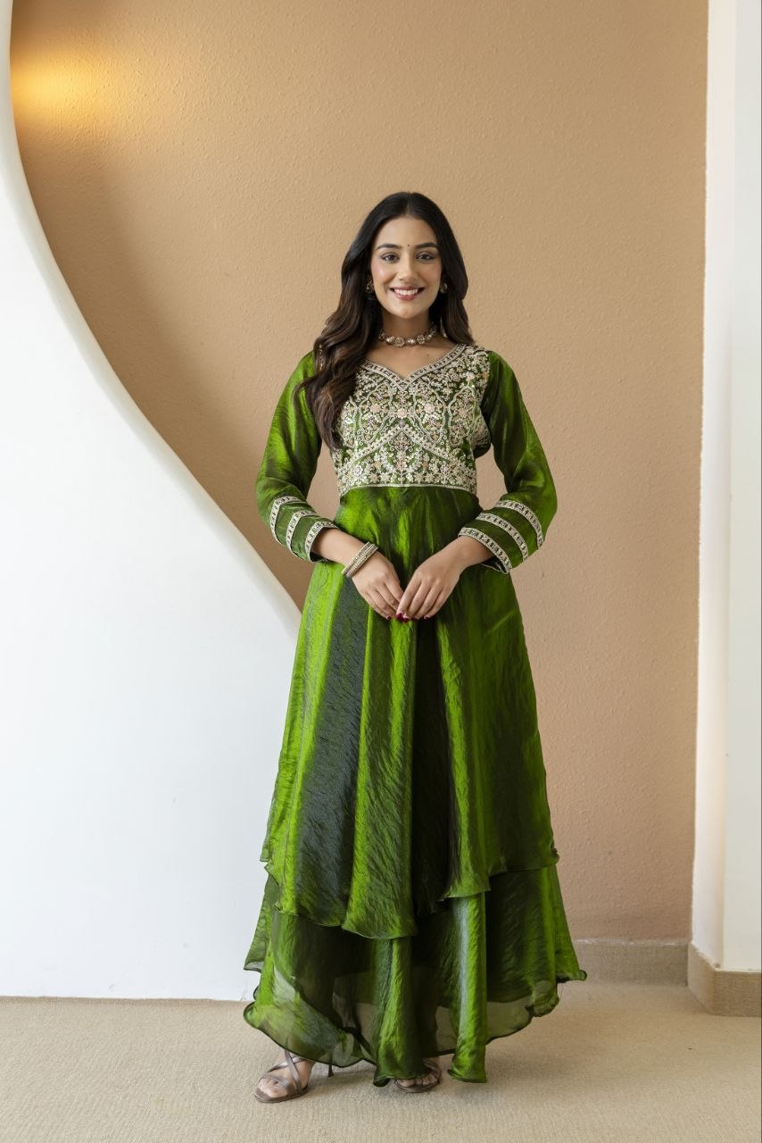 Mehandi Green Fandy Silk With Heavy Embroidery Codding And Sequence Work Kurti Set