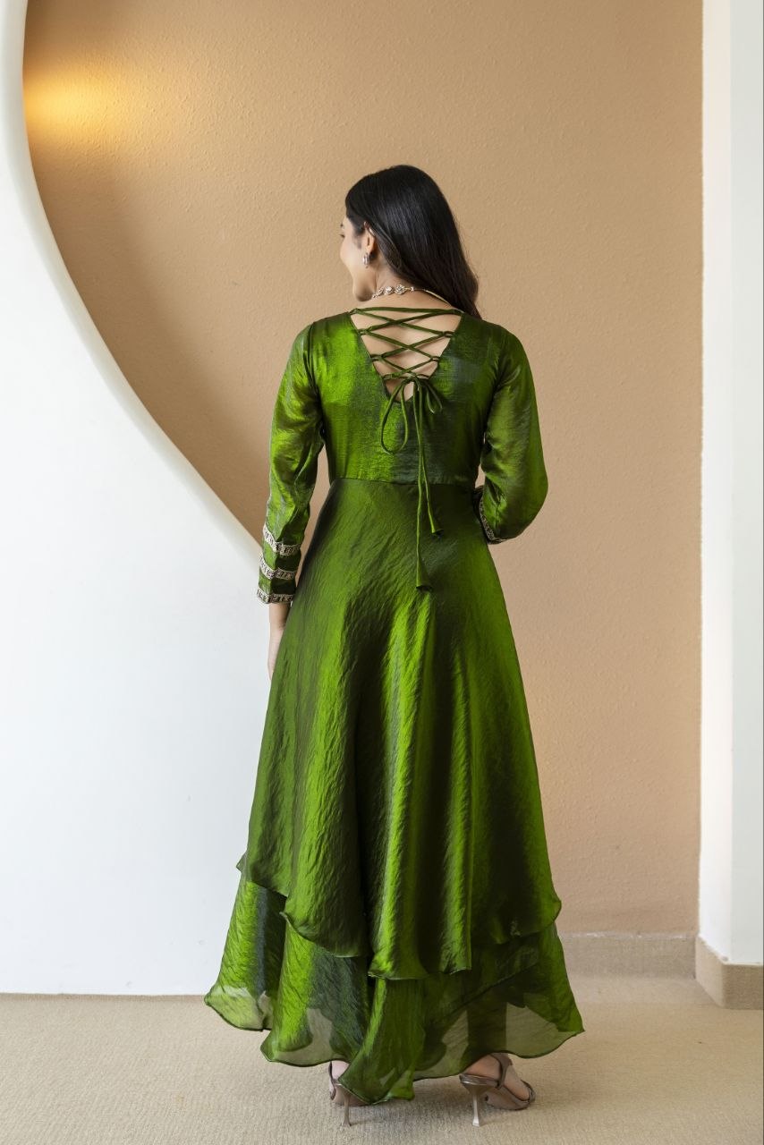 Mehandi Green Fandy Silk With Heavy Embroidery Codding And Sequence Work Kurti Set