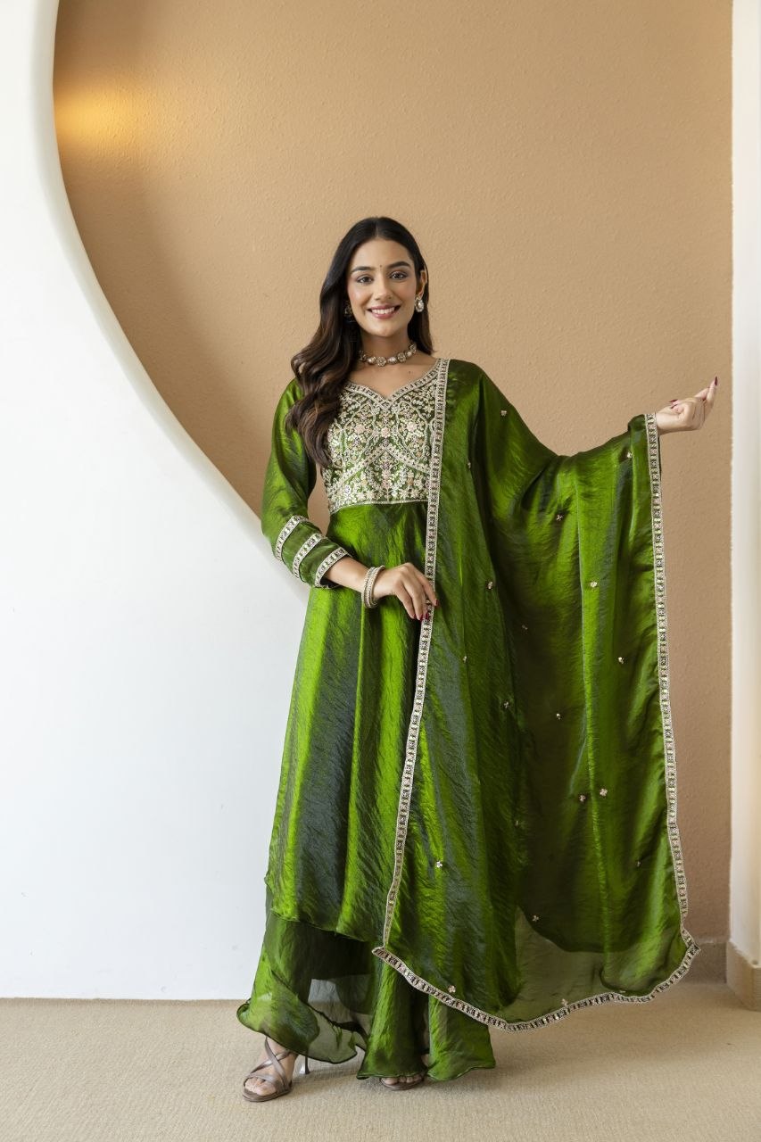 Mehandi Green Fandy Silk With Heavy Embroidery Codding And Sequence Work Kurti Set
