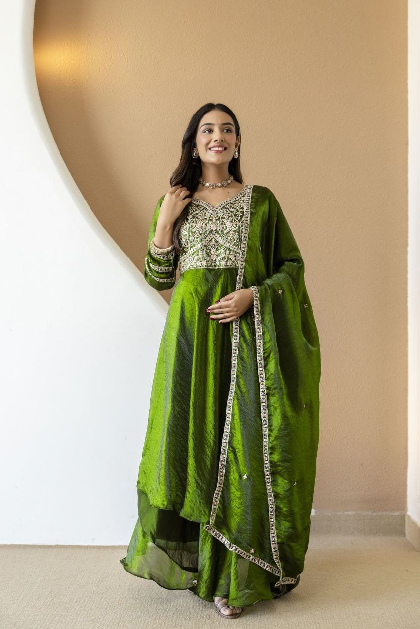 Mehandi Green Fandy Silk With Heavy Embroidery Codding And Sequence Work Kurti Set