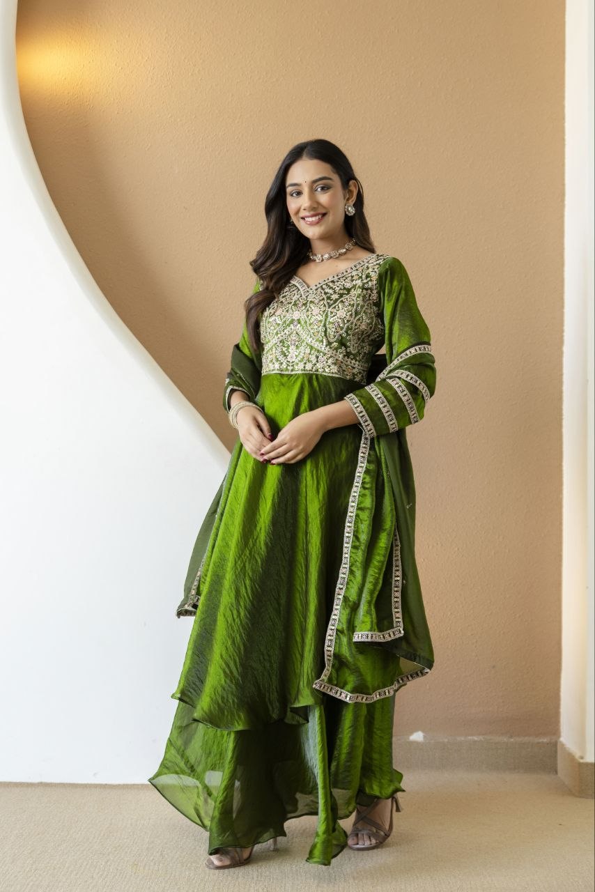 Mehandi Green Fandy Silk With Heavy Embroidery Codding And Sequence Work Kurti Set