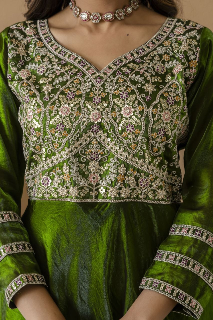 Mehandi Green Fandy Silk With Heavy Embroidery Codding And Sequence Work Kurti Set