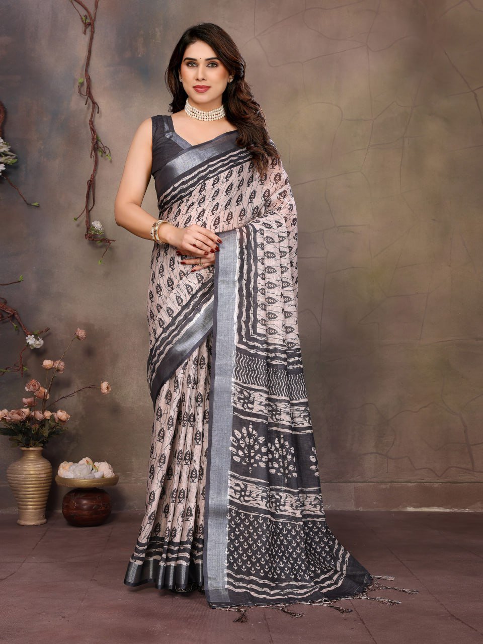 Grey Printed Cotton Linen Saree