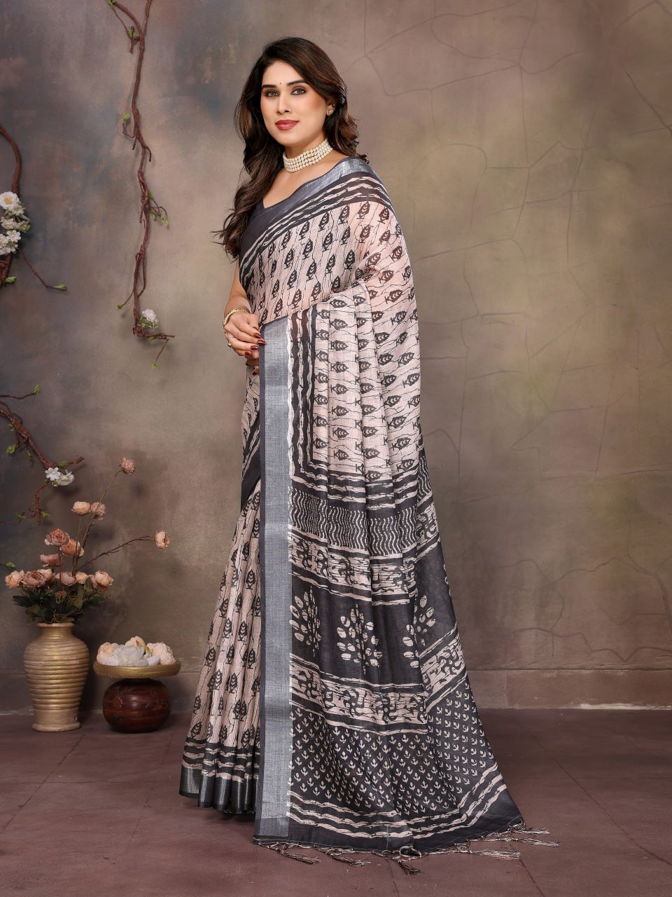 Grey Printed Cotton Linen Saree