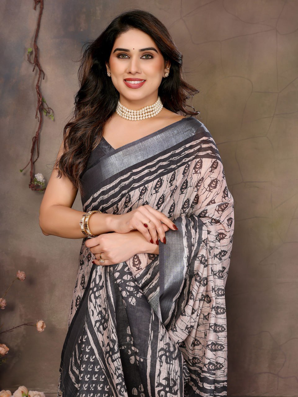 Grey Printed Cotton Linen Saree