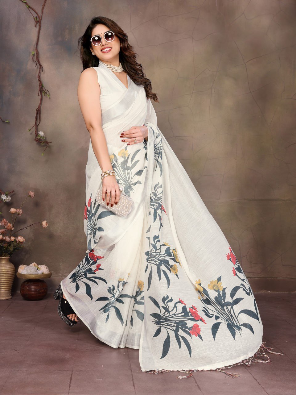 White Printed Cotton Linen Saree