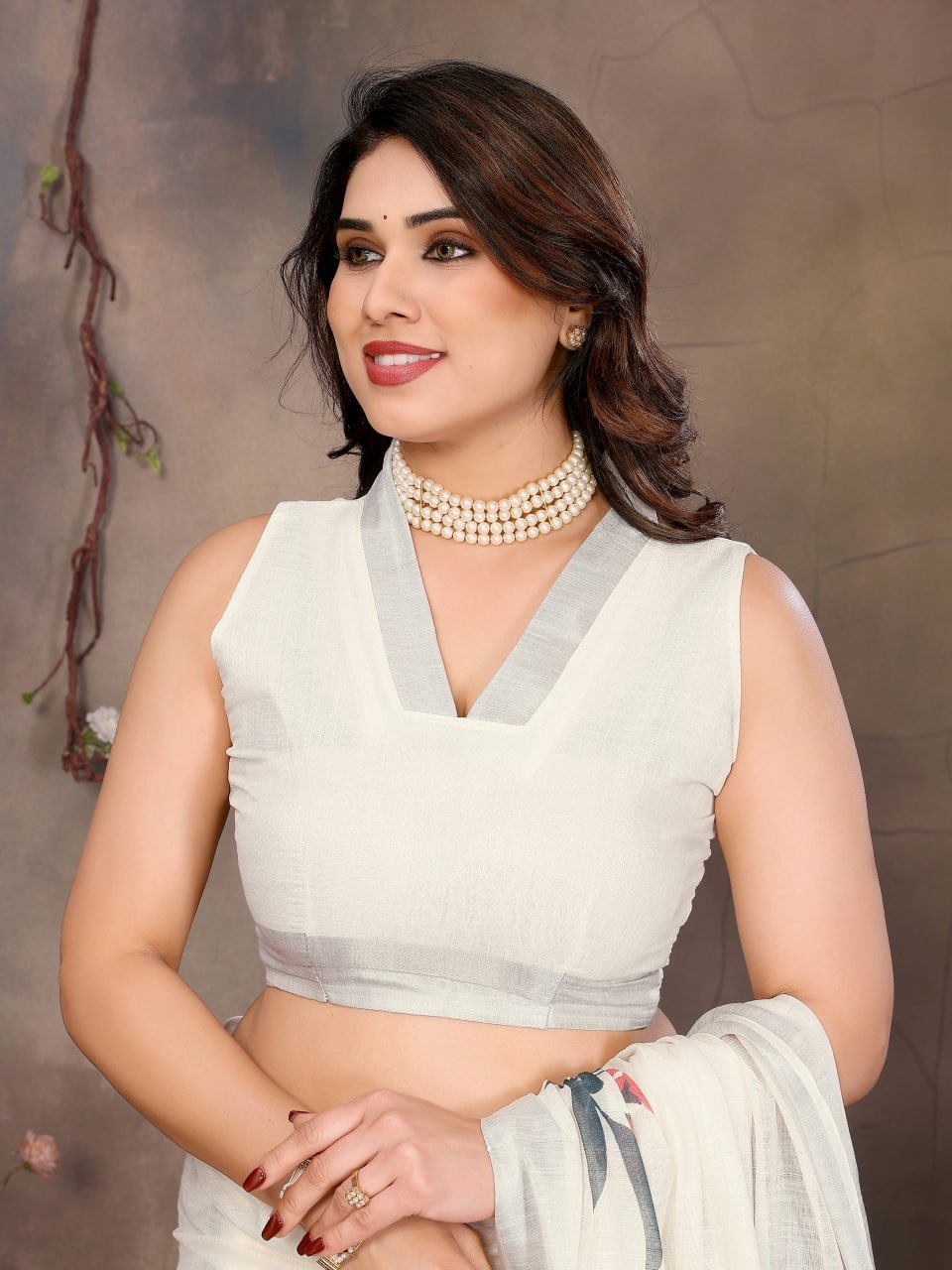 White Printed Cotton Linen Saree