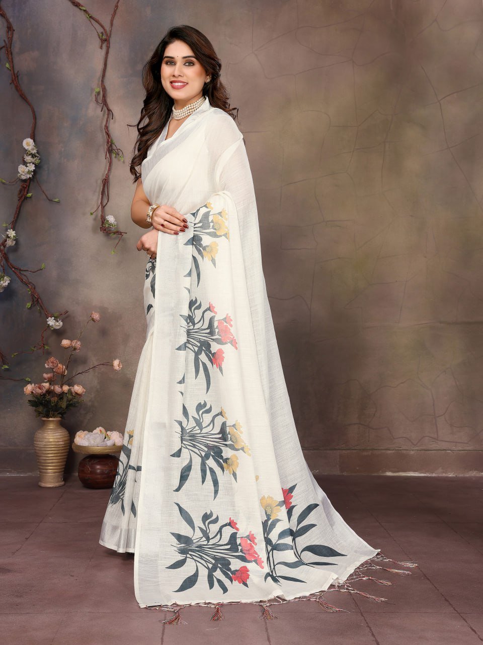 White Printed Cotton Linen Saree
