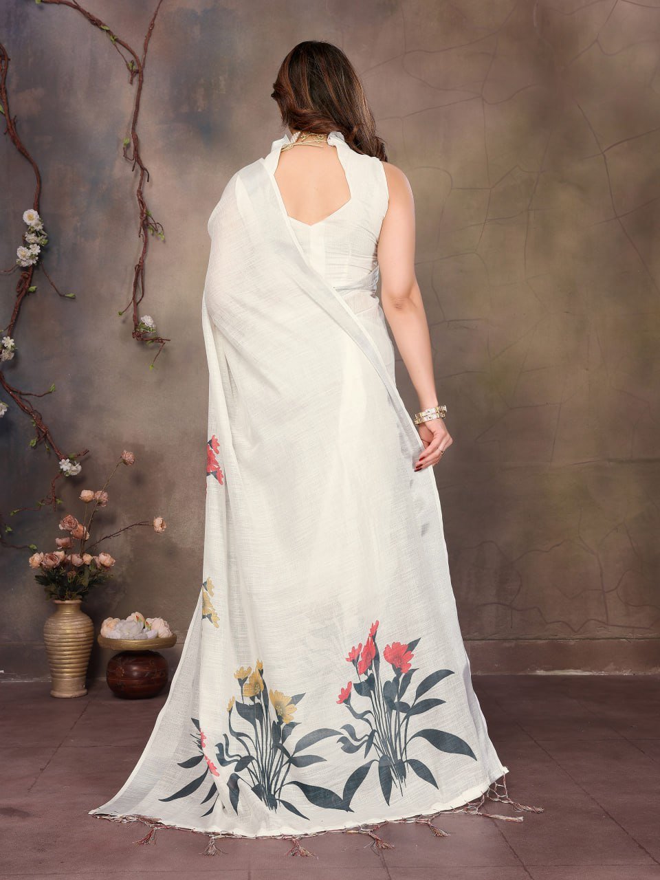 White Printed Cotton Linen Saree