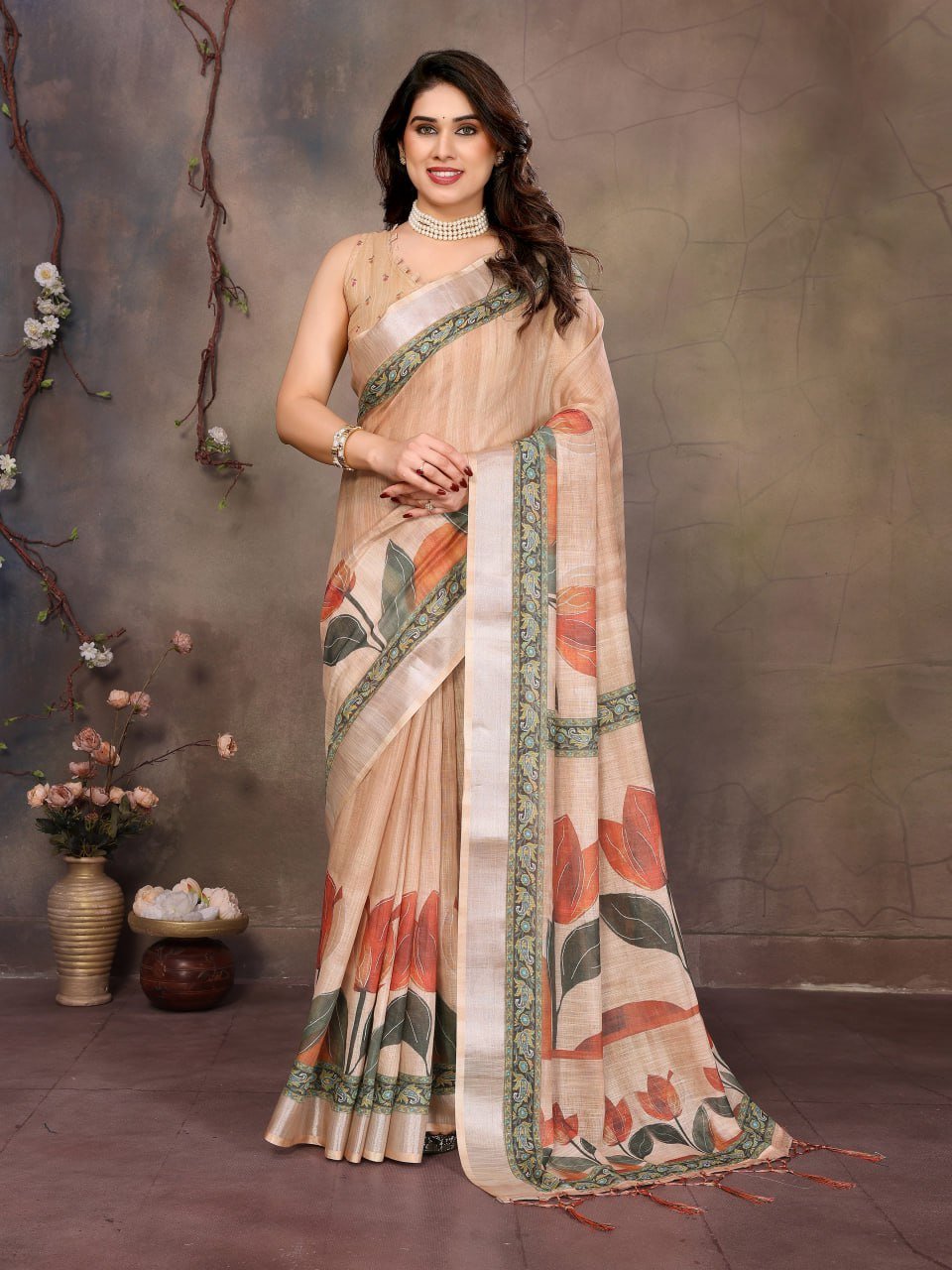 Cream Printed Cotton Linen Saree