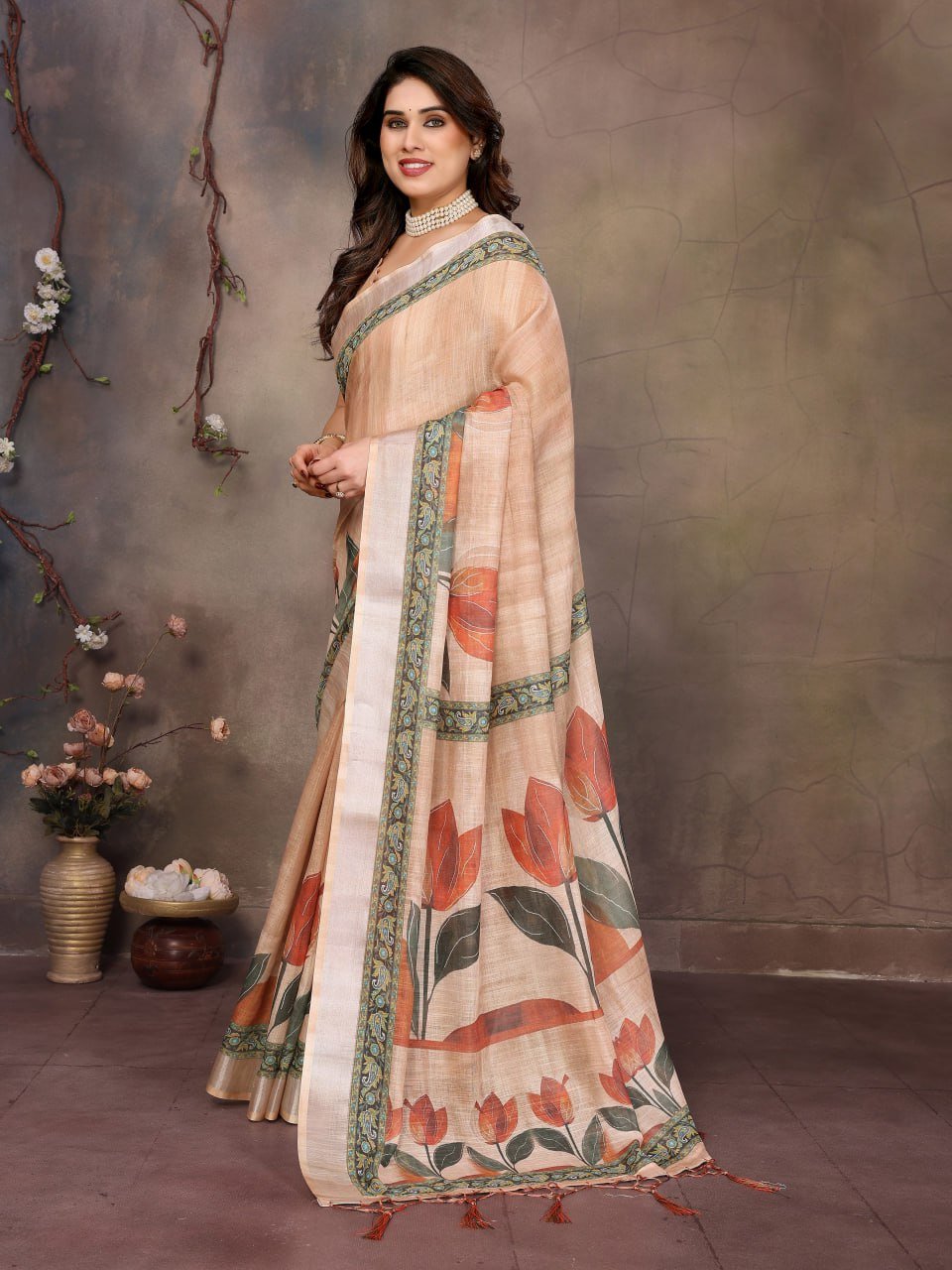 Cream Printed Cotton Linen Saree