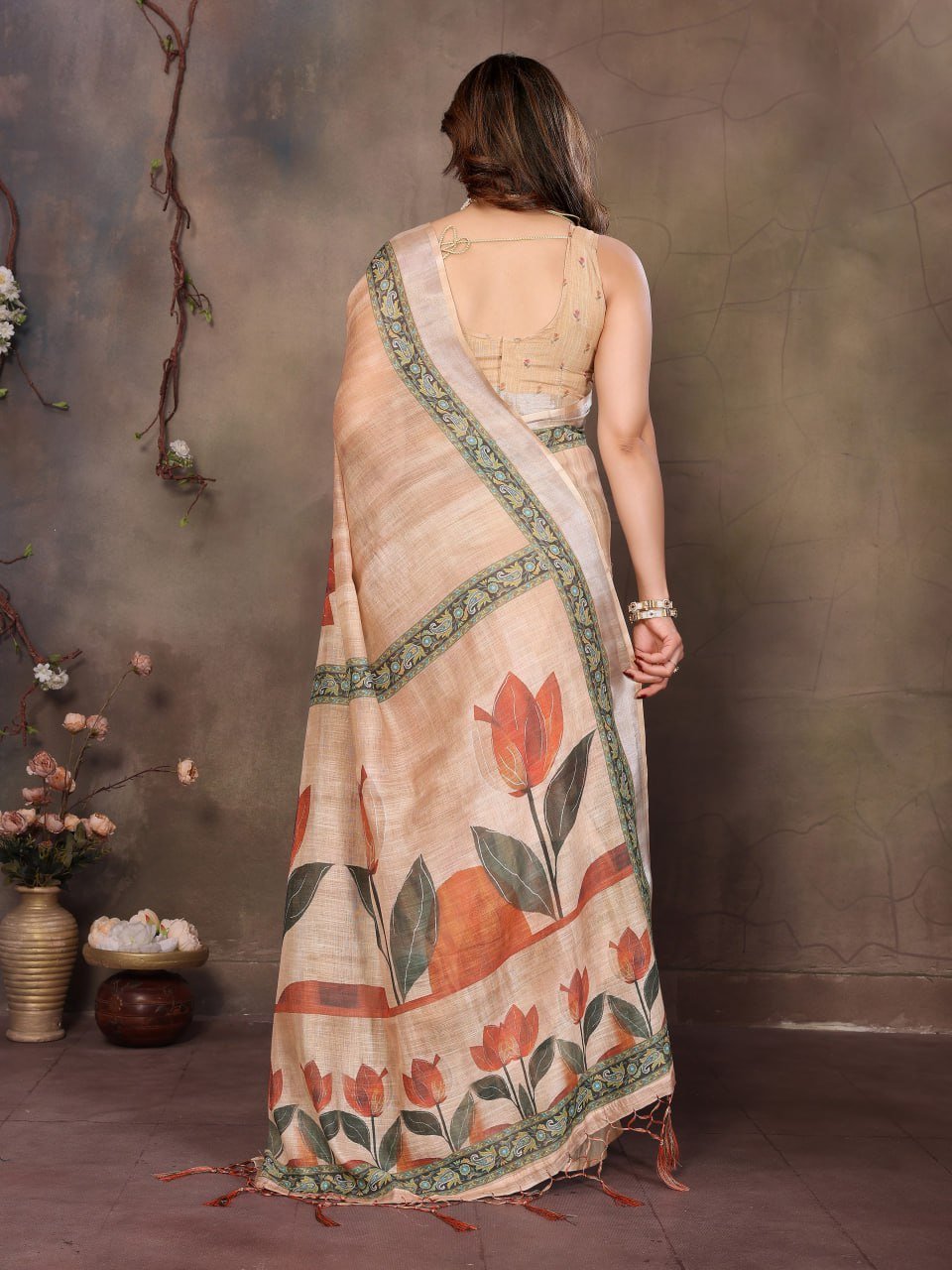 Cream Printed Cotton Linen Saree