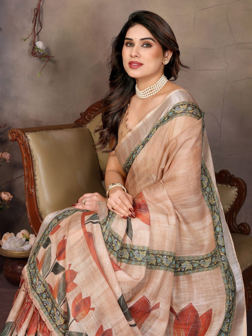 Cream Printed Cotton Linen Saree