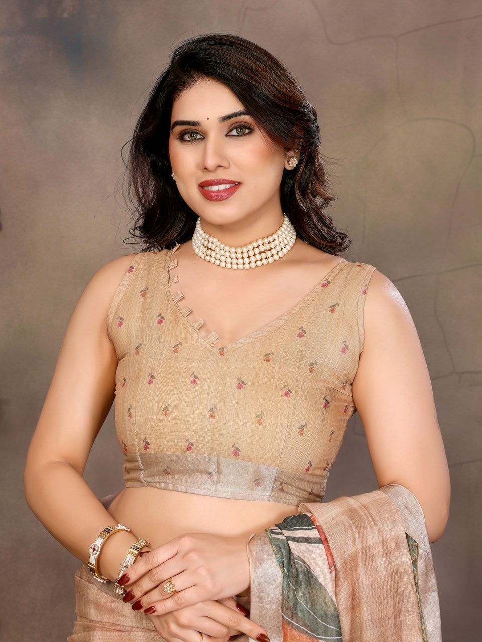 Cream Printed Cotton Linen Saree